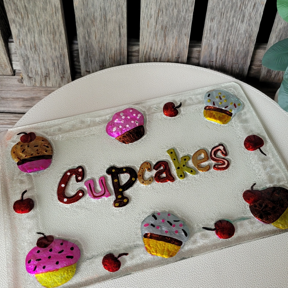 Cupcakes & Cherries Handpainted Fused Glass Rectangle Platter